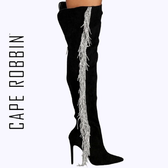 COBIN ROBBINS Blk w/Silver Fringe Rhinestones | Over Knee | Faux Suede Boots NWT - Picture 2 of 9